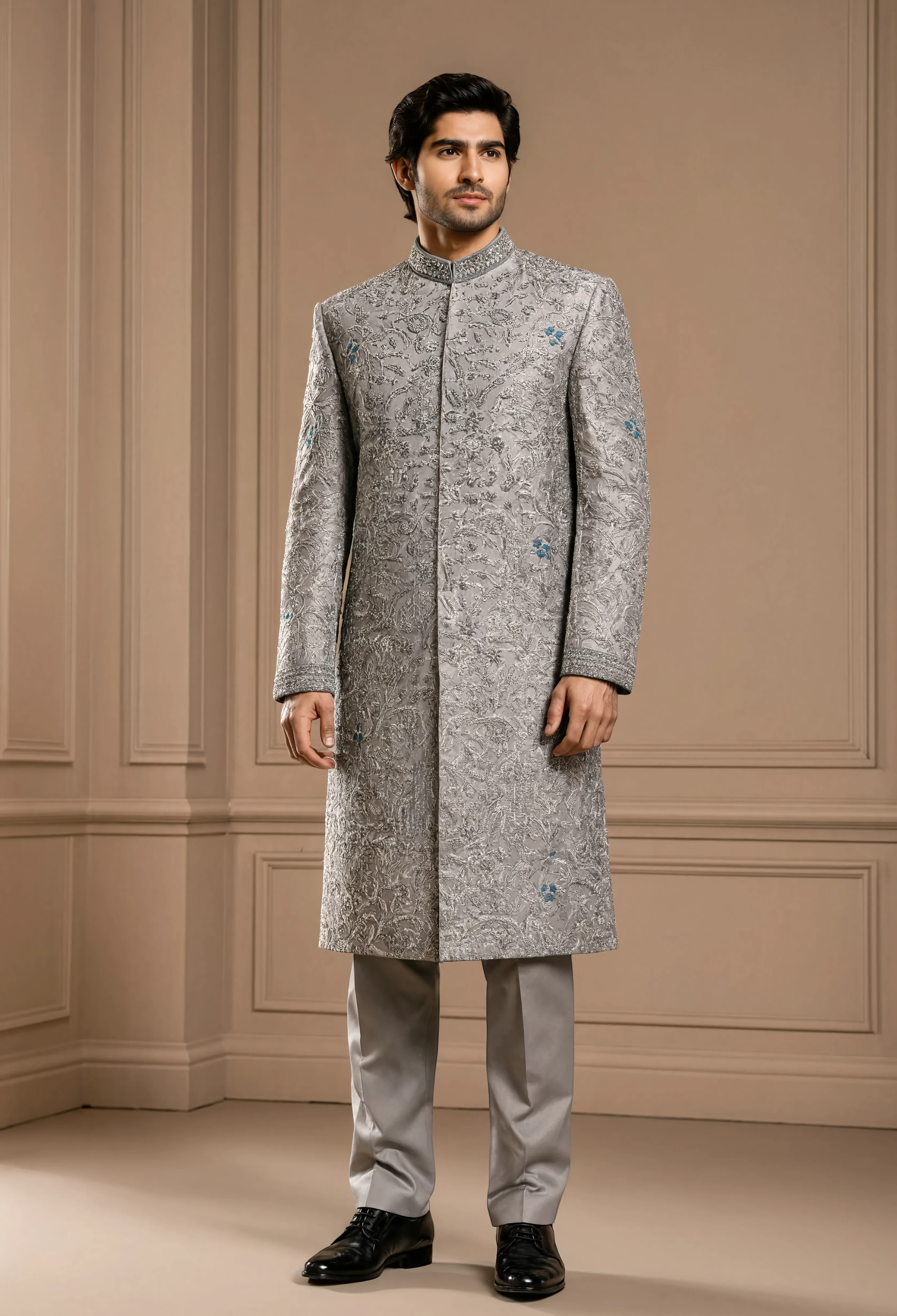 Silver Gray Handworked Sherwani